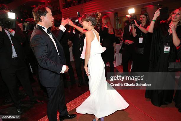 Jan-Josef Liefers dances with his film daughter Harriet Herbig-Matten during the 44th German Film Ball 2017 party at Hotel Bayerischer Hof on January...