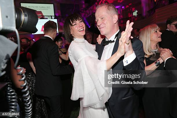 Christiane Paul and Vincent de la Tour dance during the 44th German Film Ball 2017 party at Hotel Bayerischer Hof on January 21, 2017 in Munich,...