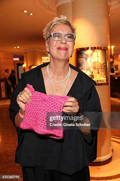 Doris Doerrie with a selfmade protest cap for "Women's March" against Donald Trump during the 44th German Film Ball 2017 party at Hotel Bayerischer...