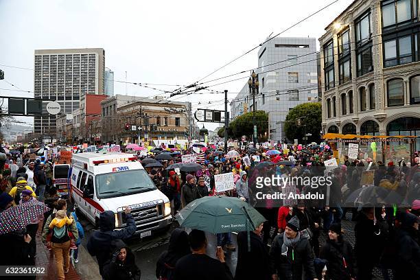 Nearly 50,000 people gather at City Hall to protest President Donald Trump and to show support for women's rights in San Francisco on January 21,...