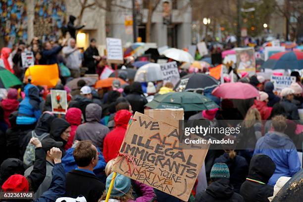 Nearly 50,000 people gather at City Hall to protest President Donald Trump and to show support for women's rights in San Francisco on January 21,...