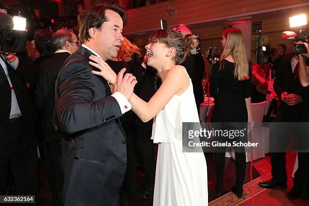 Jan-Josef Liefers dances with his film daughter Harriet Herbig-Matten during the 44th German Film Ball 2017 party at Hotel Bayerischer Hof on January...