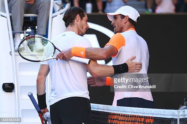 Andy Murray of Great Britain congratulates Mischa Zverev of Germany after their fourth round match on day seven of the 2017 Australian Open at...