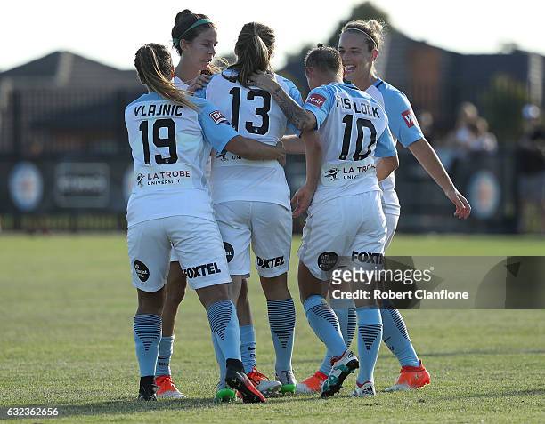 Rebekah Stott of Melbourne City celebrates after scoring her second goal during the round 13 W-League match between Melbourne City and Brisbane Roar...