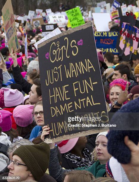 People take part in the Million Woman March one day after the Trump inauguration in Washington DC. An estimated half-million people packed the...