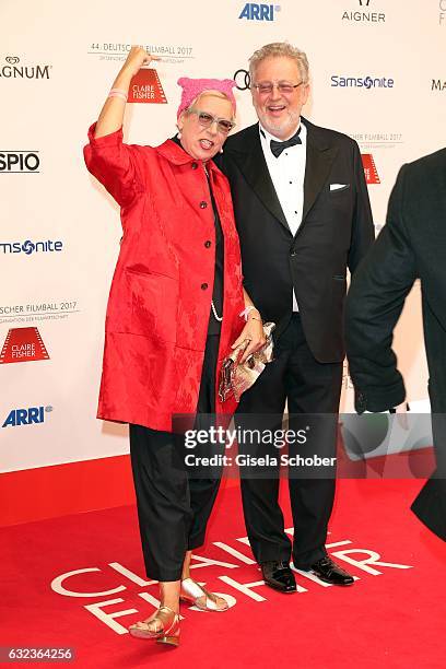 Doris Doerrie and her partner Martin Moszkowicz and a cap for "Women's March" protest during the 44th German Film Ball 2017 arrival at Hotel...