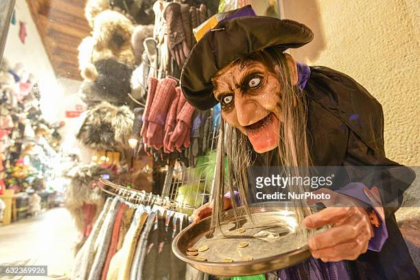 Witch outside a shop on Florianska Street, in Krakow. On Friday, 20 January 2017, in Krakow, Poland.