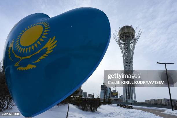Picture taken on January 22, 2017 shows the Bayterek monument in downtown Astana. - The so-called Astana peace talks, set to begin on Monday, will be...