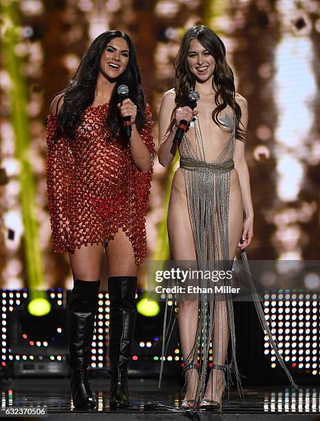 Adult film actresses Aspen Rae and Riley Reid co-host the 2017 Adult Video News Awards at The Joint inside the Hard Rock Hotel & Casino on January...