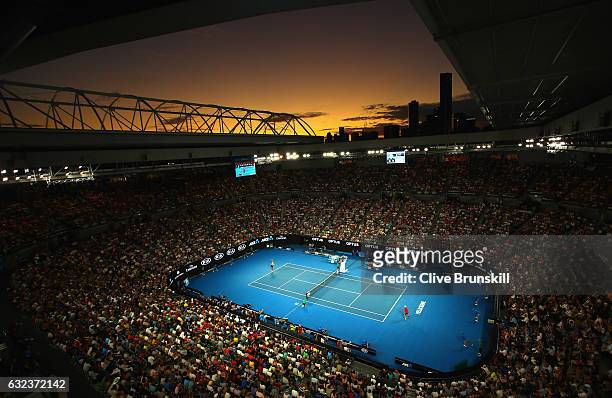 General view of Rod Laver court as Roger Federer of Switzerland plays in his fourth round match against Kei Nishikori of Japan on day seven of the...