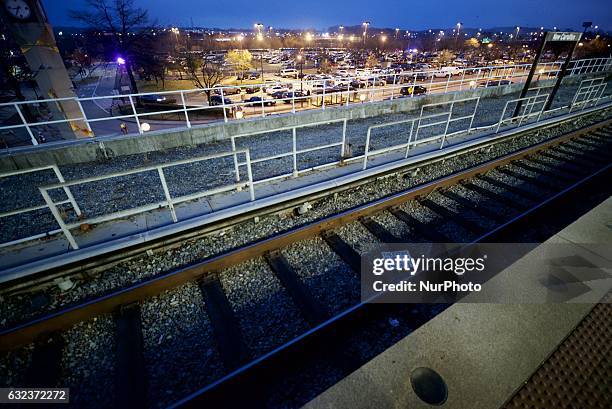 Protest sign is left on the track at the New Carrollton train station in Maryland after protestors left the Washington DC area, on Jan. 20, 2017.