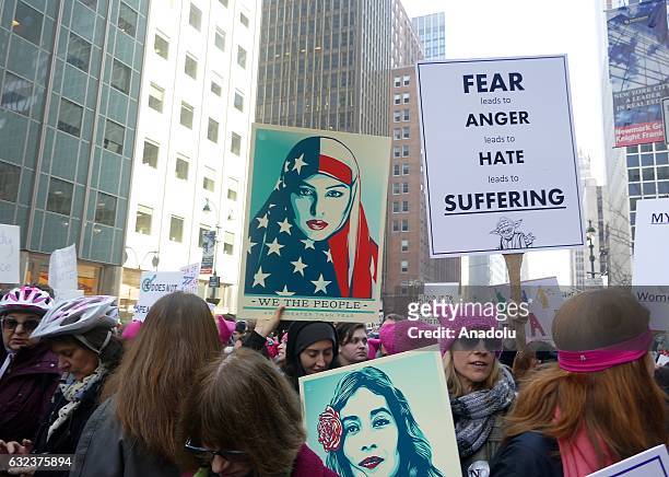 Protesters attend the Women's March to protest President Donald Trump in New York, USA on January 21, 2017. Thousands of protesters demonstrated...