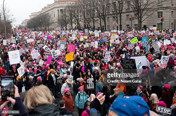 View of demonstrators marching on Pennsylvania Avenue during the Women's March on Washington on January 21, 2017 in Washington, DC.
