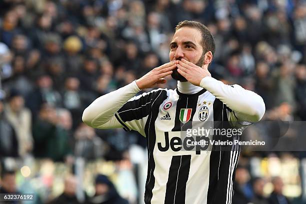 Gonzalo Higuain of Juventus FC celebrates a goal during the Serie A match between Juventus FC and SS Lazio at Juventus Stadium on January 22, 2017 in...