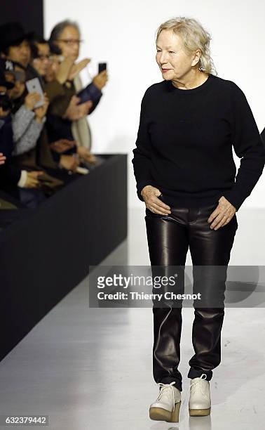 French fashion designer Agnes B acknowledges the public at the end of the Agnes B Menswear Fall/Winter 2017-2018 show as part of Paris Fashion Week...