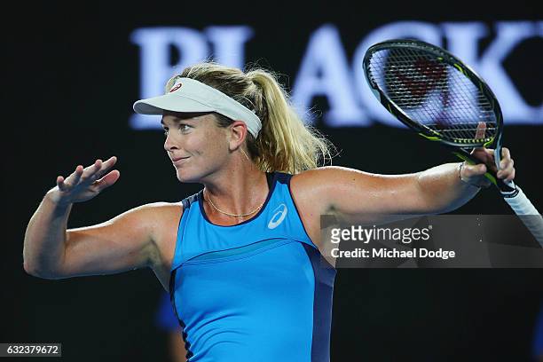 Coco Vanderweghe of the USA gestures as she celebrates winning in her fourth round match against Angelique Kerber of Germany on day seven of the 2017...