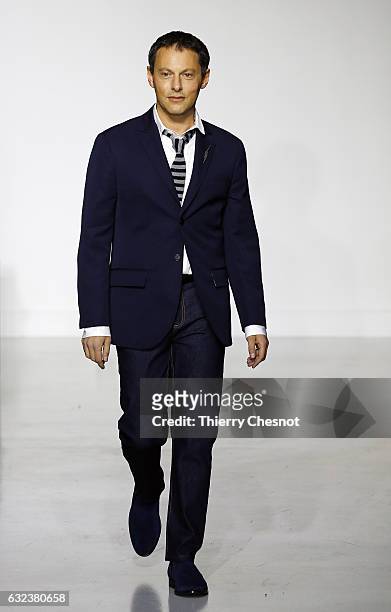 Marc Olivier Fogiel walks the runway during the Agnes B Menswear Fall/Winter 2017-2018 show as part of Paris Fashion Week on January 22, 2017 in...