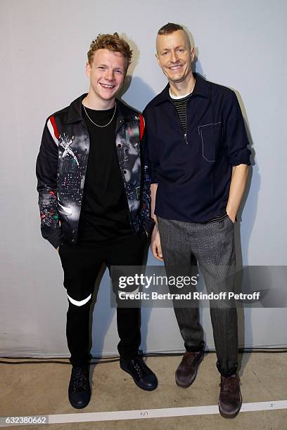 Actor Patrick Gibson and Stylist of 'Lanvin Men', Lucas Ossendrijver attend the Lanvin Menswear Fall/Winter 2017-2018 show as part of Paris Fashion...