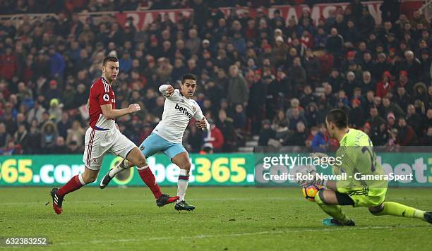 West Ham United's Manuel Lanzini sees his shot saved by Middlesbrough's Victor Valdes during the Premier League match between Middlesbrough and West...