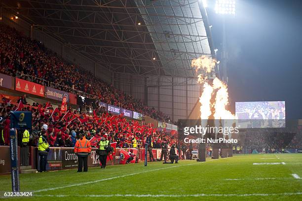Fireworks during the European Rugby Champions Cup Round 6 match between Munster Rugby and Racing 92 at Thomond Park Stadium in Limerick, Ireland on...