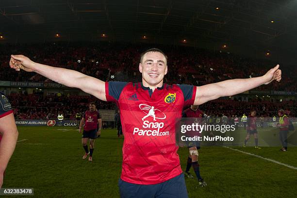 Tommy O'Donnell of Munster celebrates after the European Rugby Champions Cup Round 6 match between Munster Rugby and Racing 92 at Thomond Park...