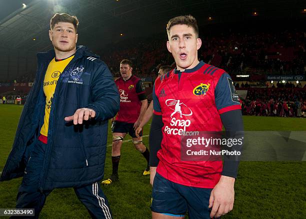 Jack O'Donoghue and Ian Keatley celebrates after the European Rugby Champions Cup Round 6 match between Munster Rugby and Racing 92 at Thomond Park...