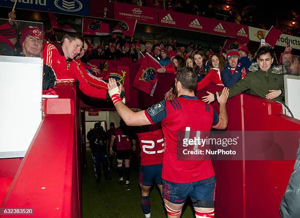 Jean Kleyn of Munster thanks his fans after the European Rugby Champions Cup Round 6 match between Munster Rugby and Racing 92 at Thomond Park...