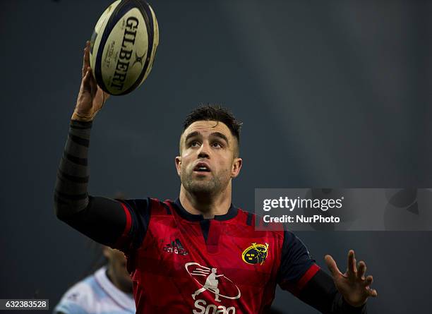 Conor Murray of Munster catches the ball during the European Rugby Champions Cup Round 6 match between Munster Rugby and Racing 92 at Thomond Park...