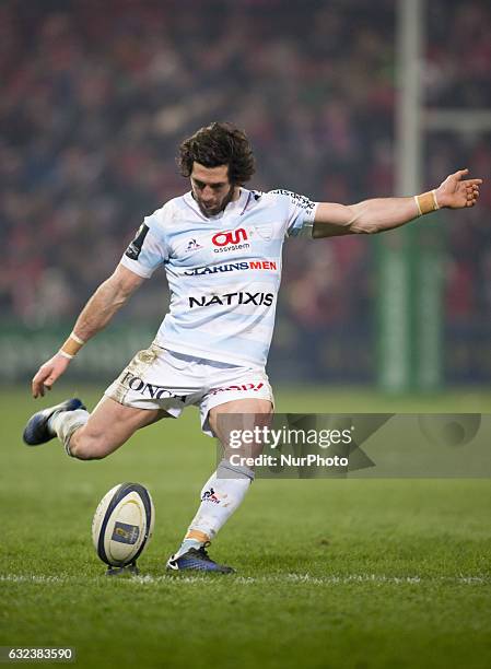 Maxime Machenaud of Racing kicks a penalty during the European Rugby Champions Cup Round 6 match between Munster Rugby and Racing 92 at Thomond Park...