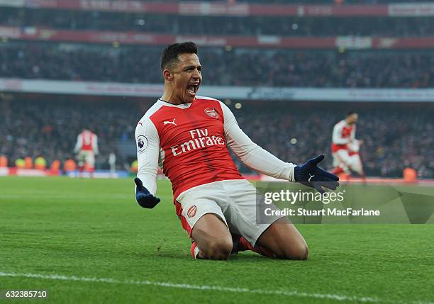 Alexis Sanchez celebrates scoring the 2nd Arsenal goal during the Premier League match between Arsenal and Burnley at Emirates Stadium on January 22,...