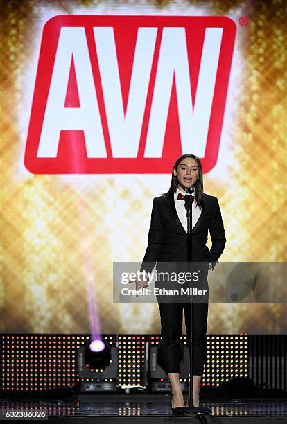 Adult film actress Abella Danger presents an award during the 2017 Adult Video News Awards at The Joint inside the Hard Rock Hotel & Casino on...