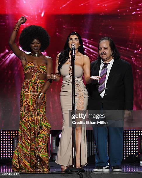 Adult film actresses Ana Foxxx and Romi Rain and adult film actor Ron Jeremy present an award during the 2017 Adult Video News Awards at The Joint...