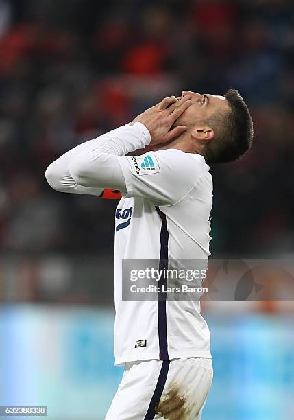 Vedad Ibisevic of Berlin reacts during the Bundesliga match between Bayer 04 Leverkusen and Hertha BSC at BayArena on January 22, 2017 in Leverkusen,...