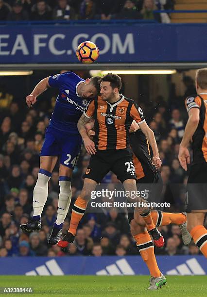 Ryan Mason of Hull City and Gary Cahill of Chelsea collide during the Premier League match between Chelsea and Hull City at Stamford Bridge on...