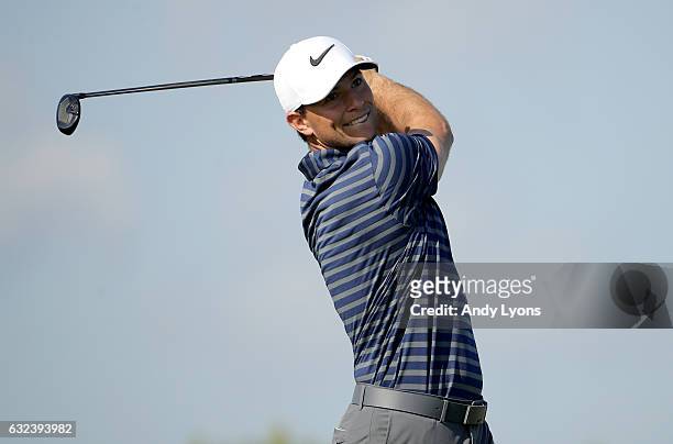 Luke Guthrie hits his tee shot on the 12th hole during the first round of The Bahamas Great Abaco Classic at Abaco Club on January 22, 2017 in Great...