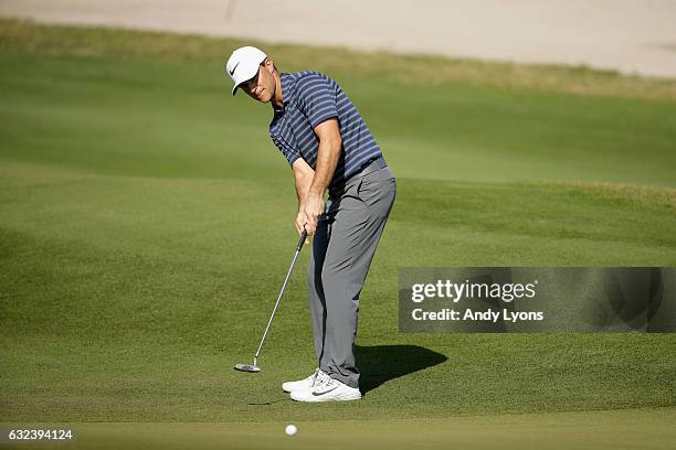 Luke Guthrie putts for birdie on the 13th hole during the first round of The Bahamas Great Abaco Classic at Abaco Club on January 22, 2017 in Great...