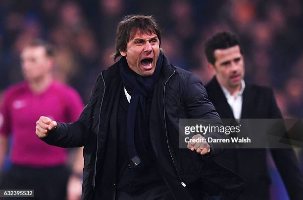 Antonio Conte, Manager of Chelsea celebrates his team's first goal during the Premier League match between Chelsea and Hull City at Stamford Bridge...