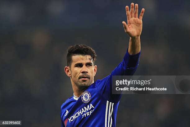 Diego Costa of Chelsea celebrates scoring the opening goal during the Premier League match between Chelsea and Hull City at Stamford Bridge on...