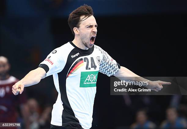 Patrick Groetzki of Germany celebrates during the 25th IHF Men's World Championship 2017 Round of 16 match between Germany and Qatar at Accorhotels...