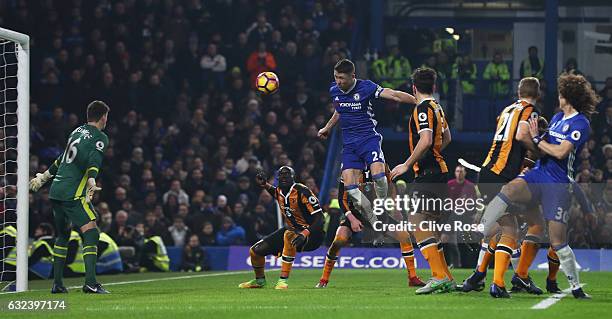 Gary Cahill of Chelsea heads the ball to score his side's second goal past Eldin Jakupovic of Hull City during the Premier League match between...