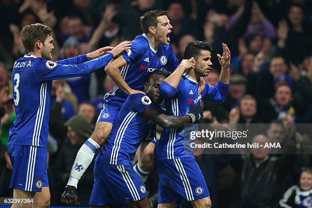 Diego Costa of Chelsea celebrates after scoring to make it 1-0 during the Premier League match between Chelsea and Hull City at Stamford Bridge on...