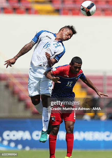 Luis Garrido of Honduras competes with Denmark Casey of Belize during the Copa Centroamericana match between Belize and Honduras at Estadio Rommel...