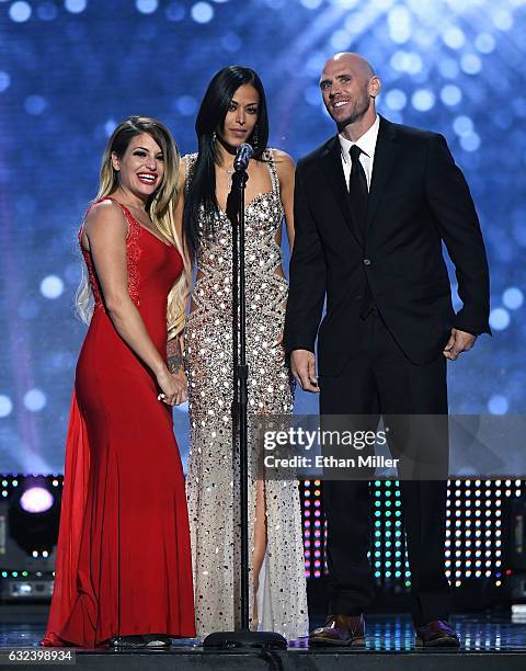 Adult film actresses Kissa Sins and Layla Sin and adult film actor Johnny Sins present an award during the 2017 Adult Video News Awards at The Joint...