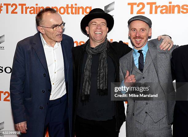 Director Danny Boyle, actors Ewan McGregor and Ewen Bremner attend the 'T2 Trainspotting' world premiere on January 22, 2017 in Edinburgh, United...