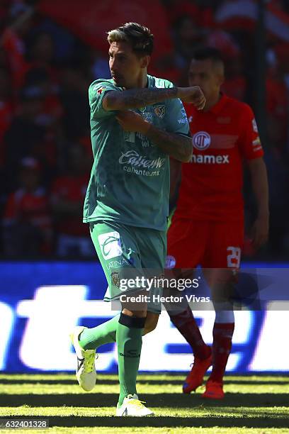 Jonathan Fabbro of Chiapas celebrates after scoring the first goal of his team during a match between Toluca and Chiapas as part of the Clausura 2017...