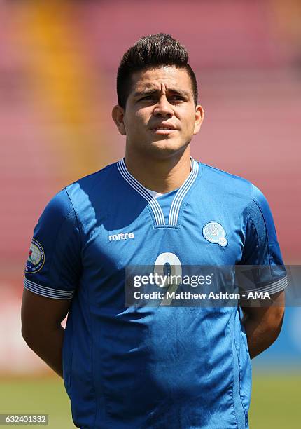 Rodolfo Zelaya of El Salvador stands for the national anthems prior to the Copa Centroamericana match between El Salvador and Nicaragua at Estadio...