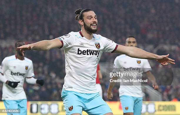 Andy Carroll of West Ham United celebrates after scoring his first goal during the Premier League match between Middlesbrough and West Ham United at...