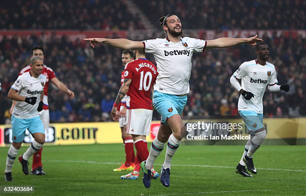 Andy Carroll of West Ham United celebrates after scoring his first goal during the Premier League match between Middlesbrough and West Ham United at...