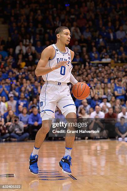 Jayson Tatum of the Duke Blue Devils moves the ball against the Miami Hurricanes during the game at Cameron Indoor Stadium on January 21, 2017 in...