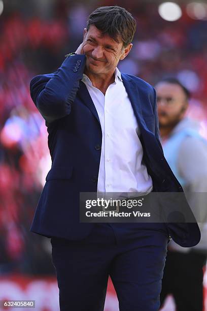 Hernan Cristante coach of Toluca reacts after loosing a match between Toluca and Chiapas as part of the Clausura 2017 Liga MX at Nemesio Diez Stadium...